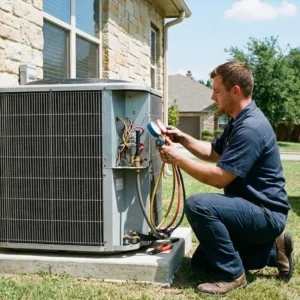 Technician Bree HVAC servicing air conditioning unit.