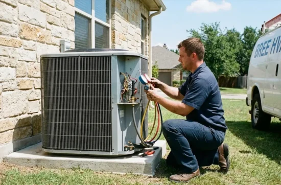 Technician Bree HVAC servicing air conditioning unit.