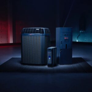 Trane 20 TruComfort variable-speed condenser with WeatherGuard top paired with a Hyperion air handler in a Central Texas home