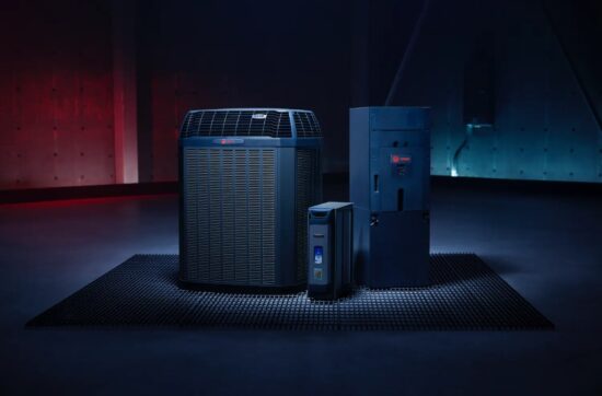 Trane 20 TruComfort variable-speed condenser with WeatherGuard top paired with a Hyperion air handler in a Central Texas home