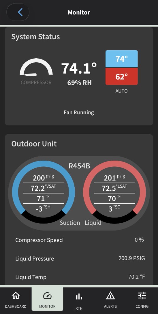 Trane Home mobile app showing remote diagnostics and system status